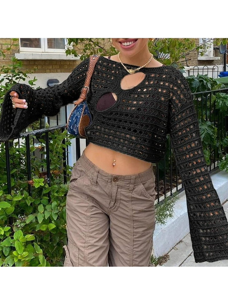 CoCopeaunt Women Y2K Crochet Crop Top Cover Up Shrugs
