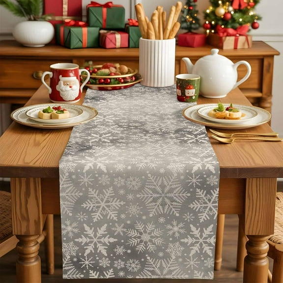 Winter Seamless Snowflake Table Runner Dresser Scarf,Kitchen Dining Table Decoration Vintage Christmas Snow on Gray Linen Table Runners for Home Wedding Indoor Outdoor Party,13x70in