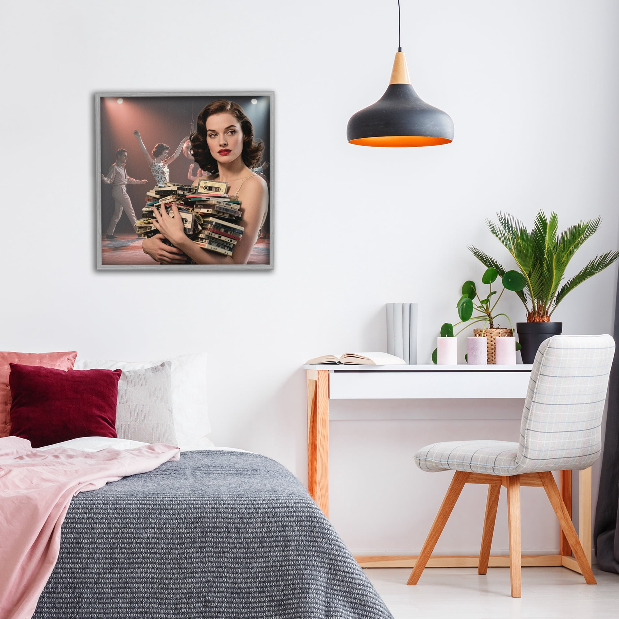 Stupell Industries Woman Holding Vintage Cassette Collection Gray Framed Giclee Art, design by CAD Designs