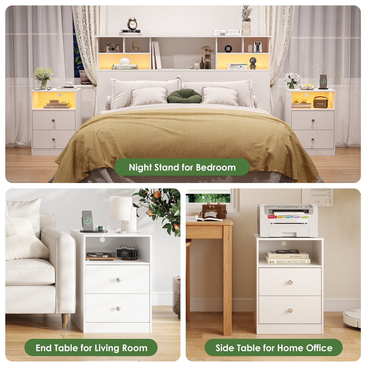 Someet Modern Nightstand with 2 Drawers, 2 USB Ports & Outlets, Nightstand for Bedroom, White
