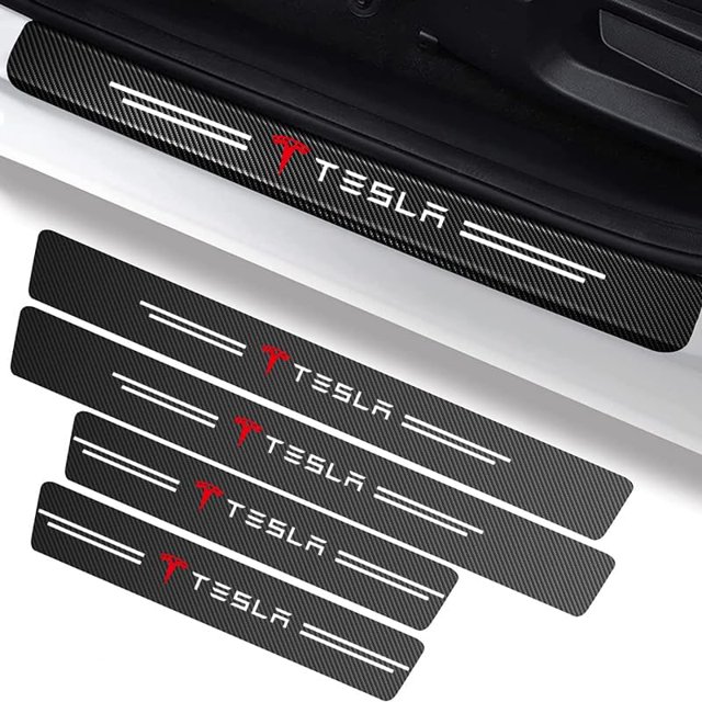 HAHDAXIA 4PCS Car Door Threshold Protective Film for Tesla Model 3 Model S Model X Model Y, 2017-2022,Car Door Sill Protector Stickers,Car Door Scuff Plate Cover for Door Steps,Carbon Fiber D