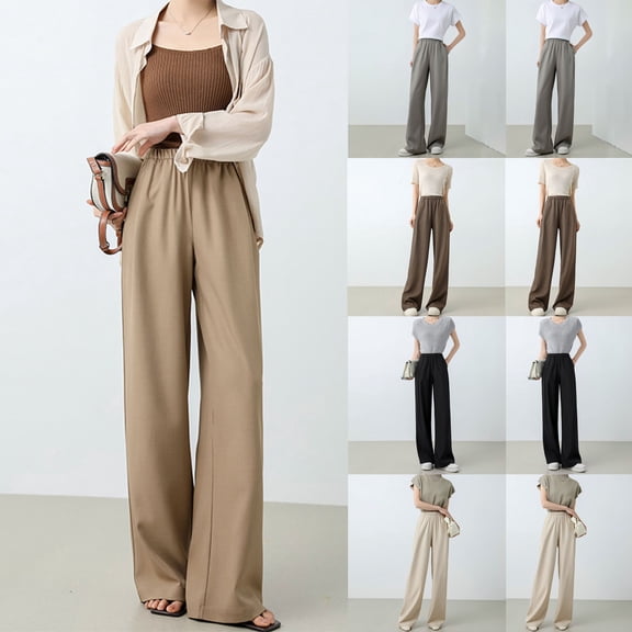 Olyvenn Dress Pants for Women 2025 Spring Trendy Casual Pants Stretch Elastic Waist Pants Loose Fit Wide Leg Trousers Workwear Suit Pants Beige L