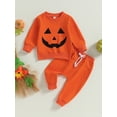 thumbnail image 3 of Toddler Baby Boys Halloween Outfits Pumpkin Face Sweatshirts Long Pants Set Fall Winter Halloween Party Clothes, 3 of 8
