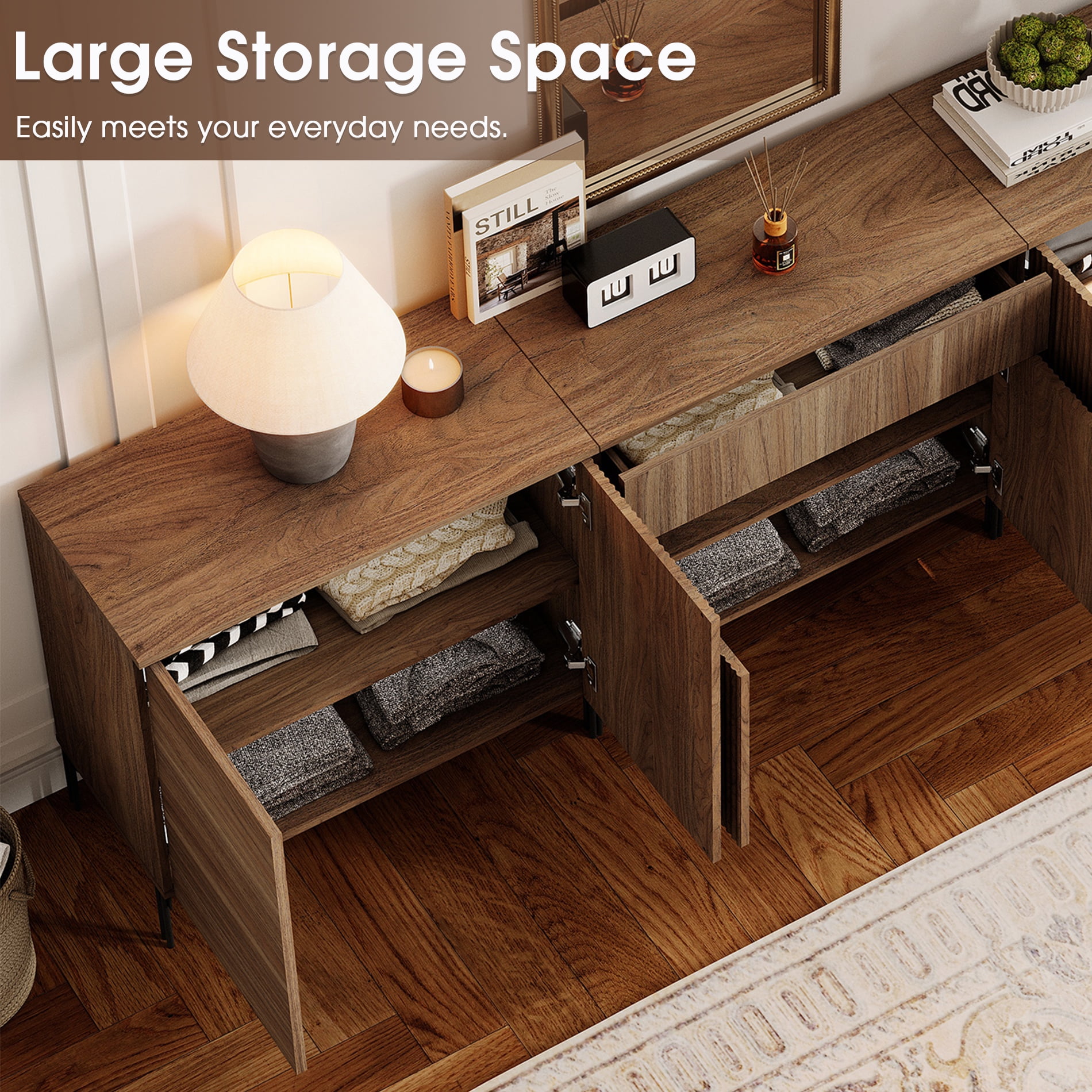 126" Modern Reeded 8-Door Sideboard with Drawers, 4-In-1 Wooden Credenza Storage Cabinet for Kitchen, Dining Room