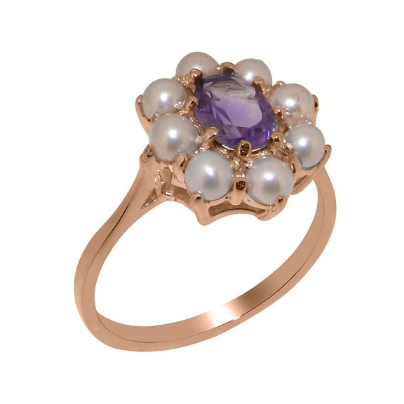 LBG British Made 9k Rose Gold Natural Amethyst & Cultured Pearl Womens Statement Ring - 33 size options - Size 8.75
