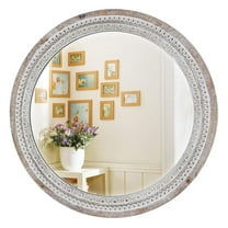 24'' Round Wall Mounted Mirror, Wood Decorative Circle Mirrors, Boho Mirrors with Beaded Frame, Rustic Vanity Mirror, Distressed Mirror for Bathroom, Living Room, Bedroom, Entryway