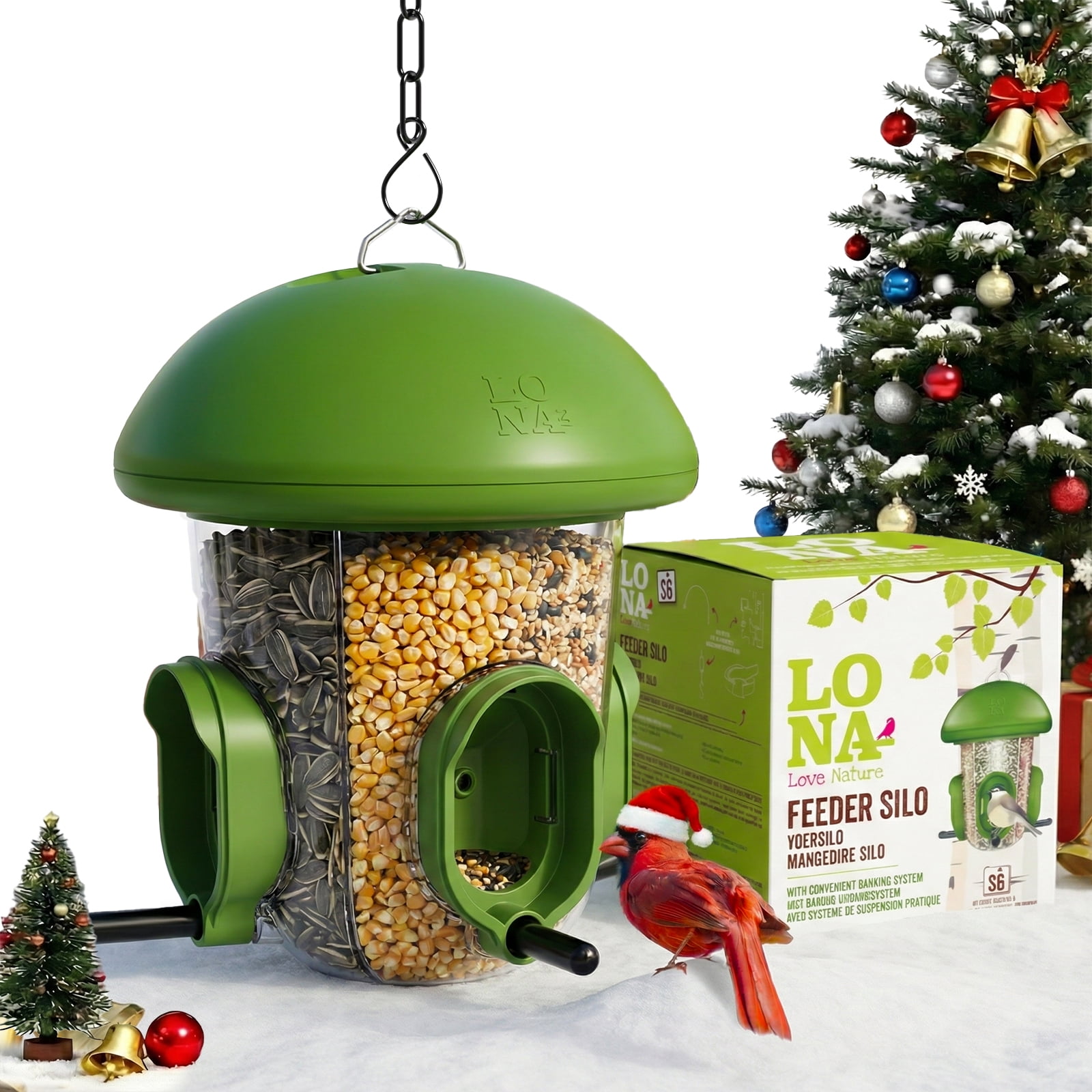 LONA Outdoor Tube Bird Feeder, 3-Compartment Hanging Bird Feeder with Weatherproof Dome & 3 Feeding Ports (Green)