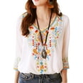 thumbnail image 1 of Mexican Embroidered Shirts for Women Boho Tops and Blouses 3/4 Sleeve Bohemian Peasant Summer Fall Tunic Top, 1 of 5