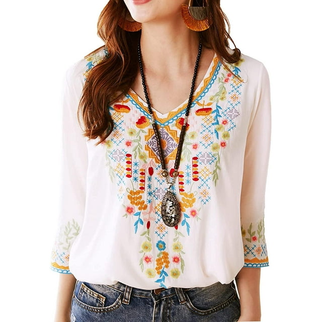 Mexican Embroidered Shirts for Women Boho Tops and Blouses 3/4 Sleeve Bohemian Peasant Summer Fall Tunic Top