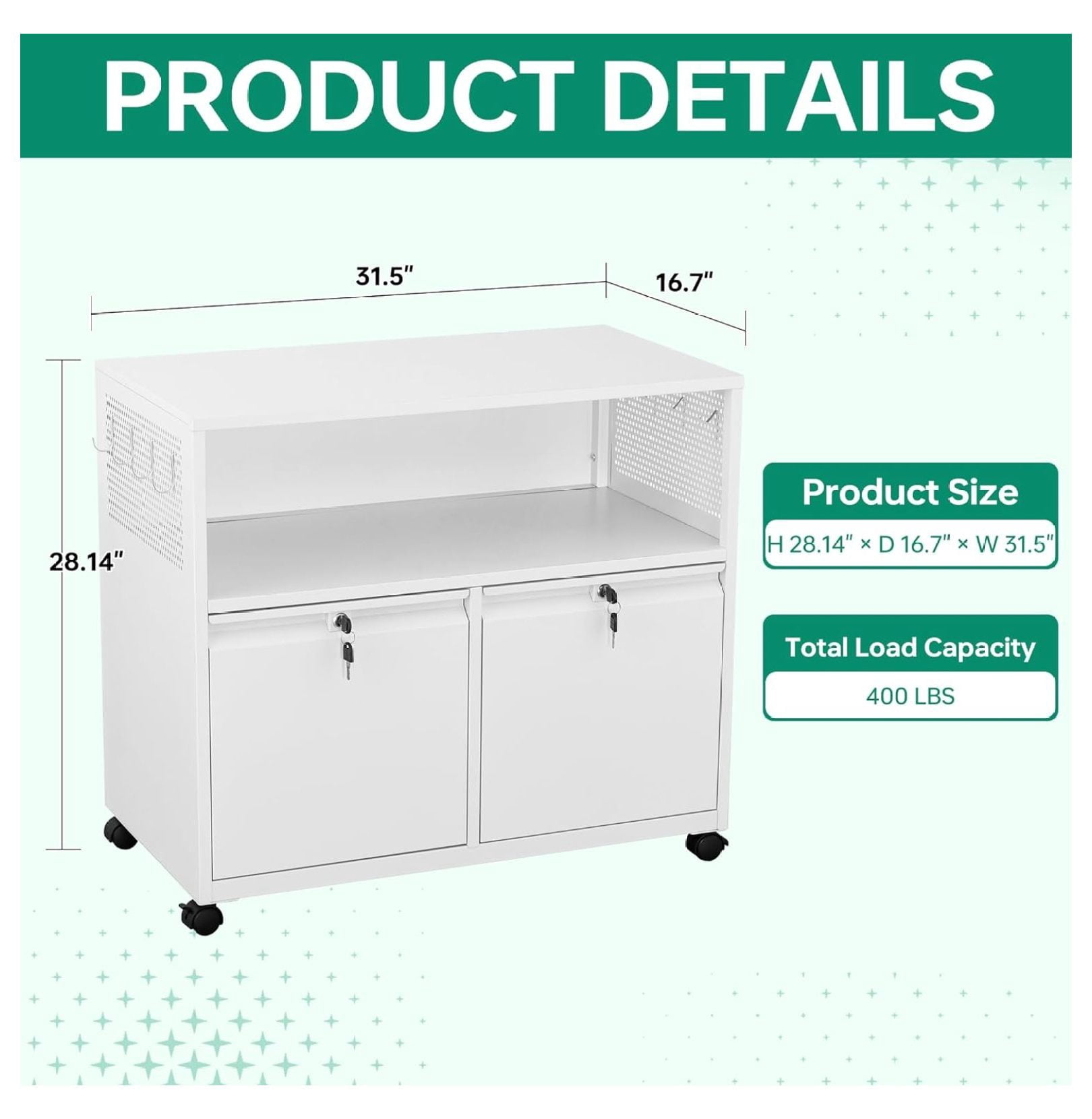 WDZS Mobile 2 Drawer File Cabinet with Lock, Metal Lateral Printer Stand Filing Storage Cabinets with Shelves for Home Office-A4/F4/Letter (White)