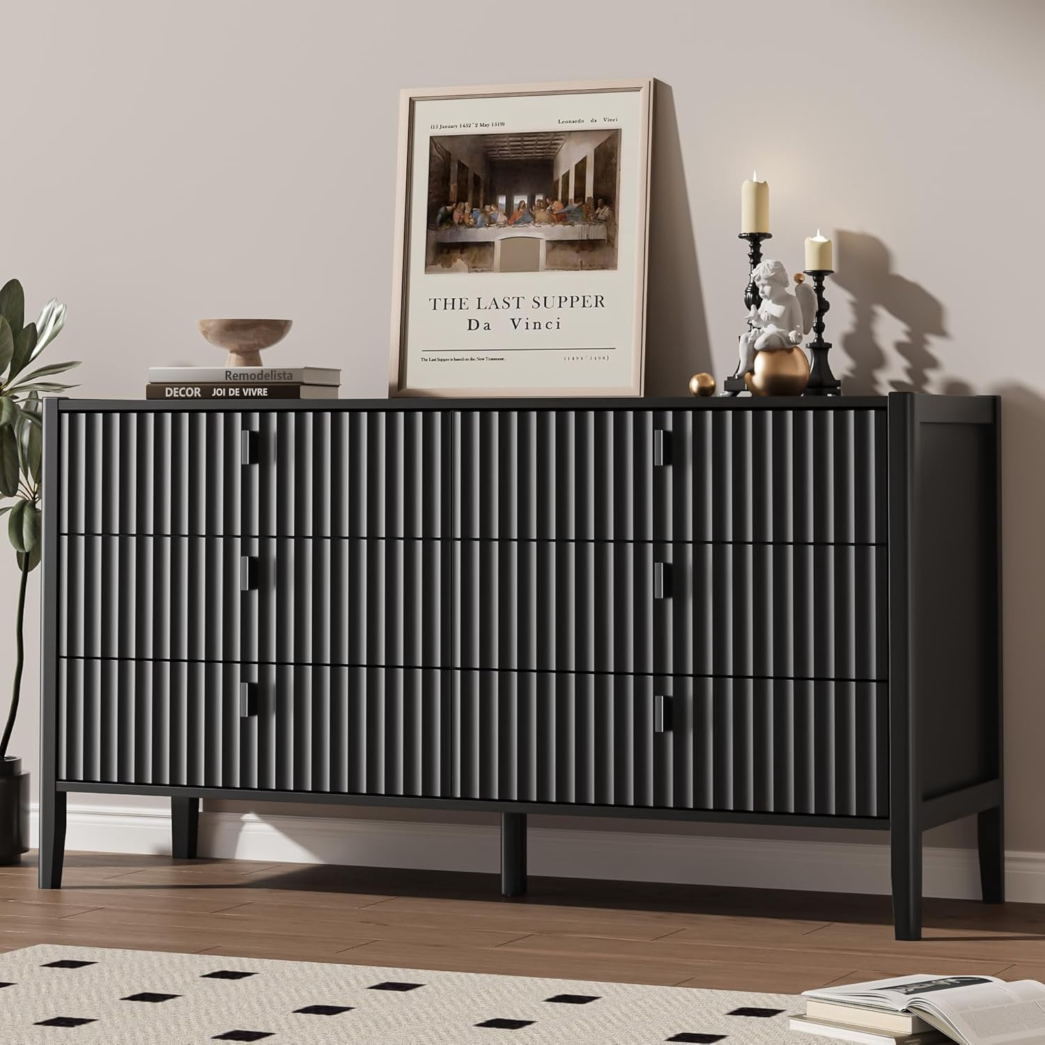 FURNIWAY Black 6 Drawer Dresser for Bedroom, Modern Wood Dresser, Fluted Design Double Chest of Drawers with Wood Legs, TV Stand Storage Cabinet for Bedroom, Living Rooms, Offices, and Entryways