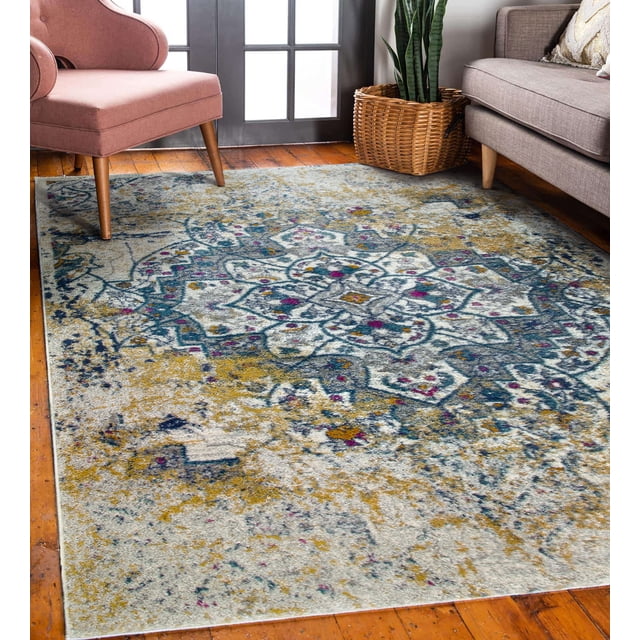 596486 Vienne Vintage Faded Turkish Medallion Ivory and Navy Area Rug 7'10"x10'