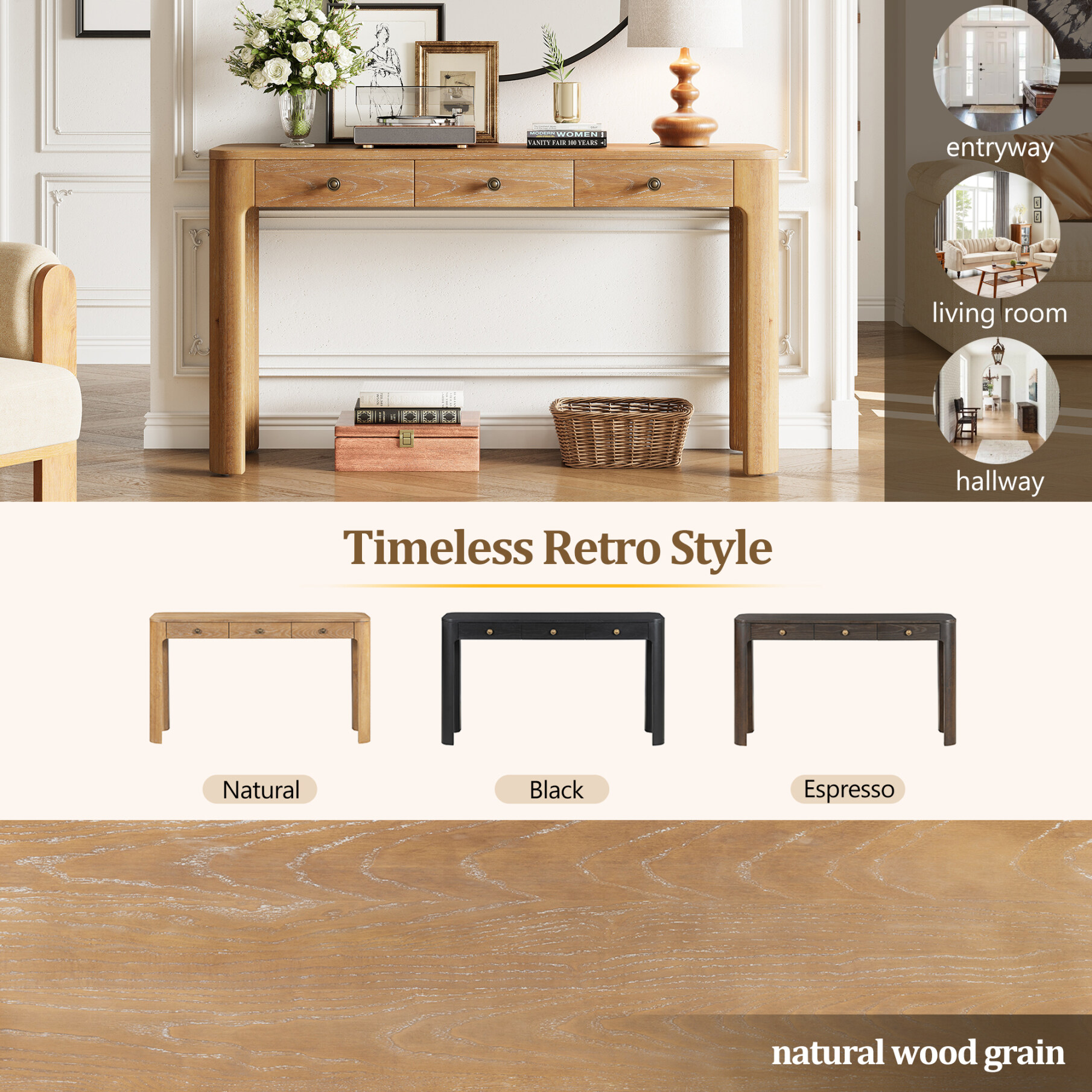 52'' Rustic Curved Console Table, Entryway Table with 3 Concealed Drawers, Sturdy Sofa Table with Thick Legs for Hallway & Living Room, Natural