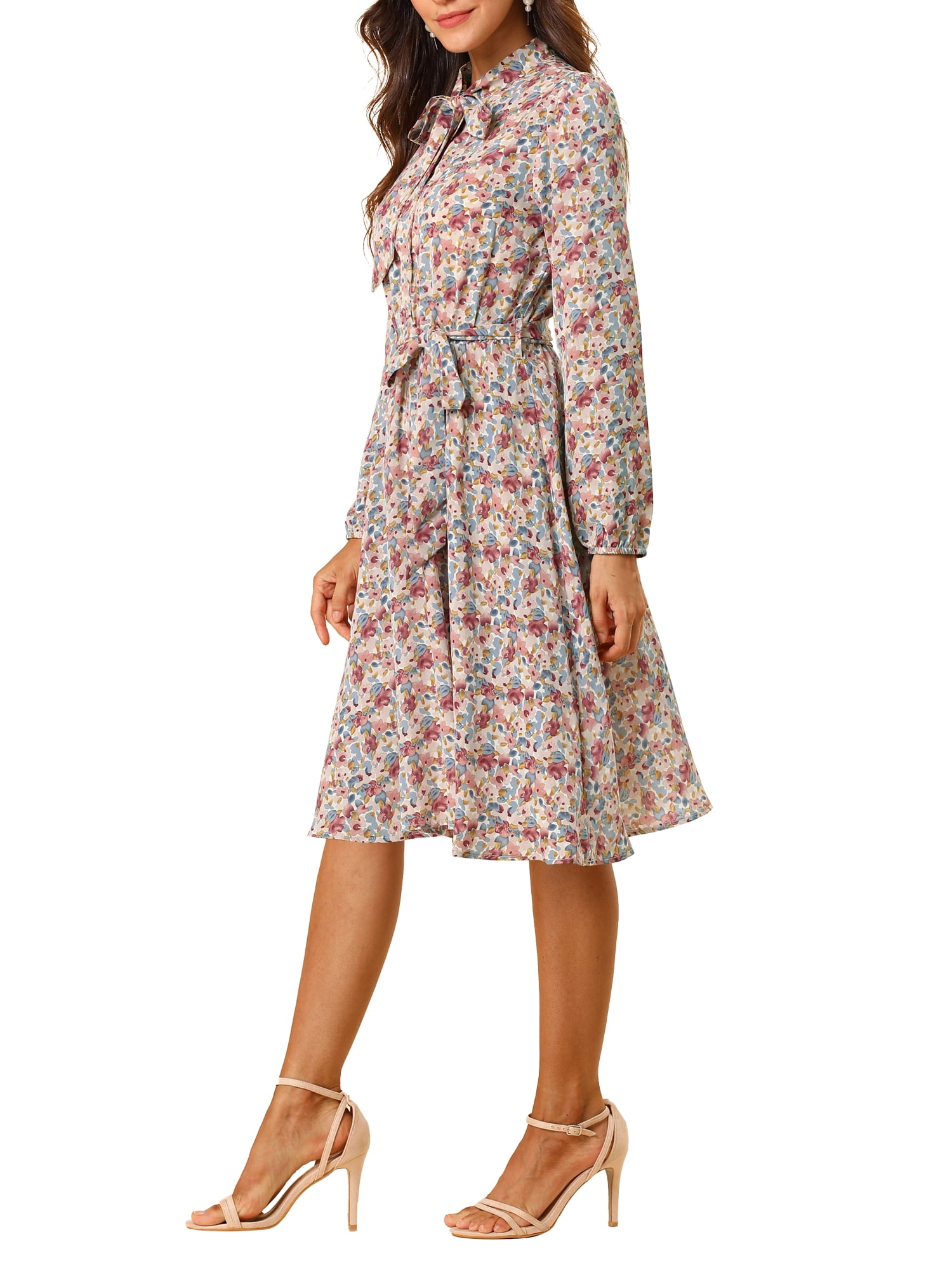 DARING DIVA Tie Neck Chiffon Belted Vintage Floral Midi Dress L Blue
