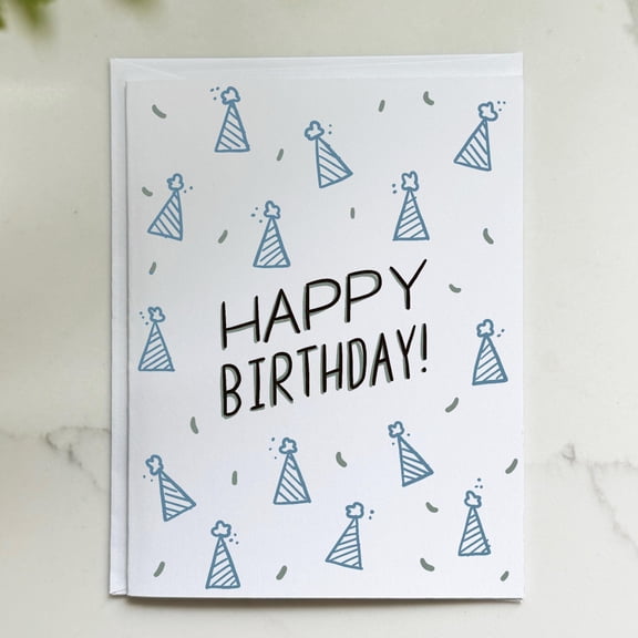 Happy Birthday Greeting Card, Blue Party Hat Pattern, Hand-Drawn Illustration, Minimalist Celebration Card for Kids or Adults, Includes Matching Envelope.