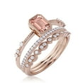 thumbnail image 3 of Art Deco 2.25 Carat Emerald Cut Morganite And Diamond Moissanite Thin Engagement Ring, Slim Wedding Ring in 10k Solid Rose Gold, Trio Rings Set, Holiday Gift, Promise Ring, Anniversary Ring, 3 of 3