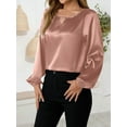 thumbnail image 5 of Women'S Satin Casual Long Sleeve Shirt, Elegant Business Work Top, Formal Autumn Outfit for the Office Pink XL, 5 of 10