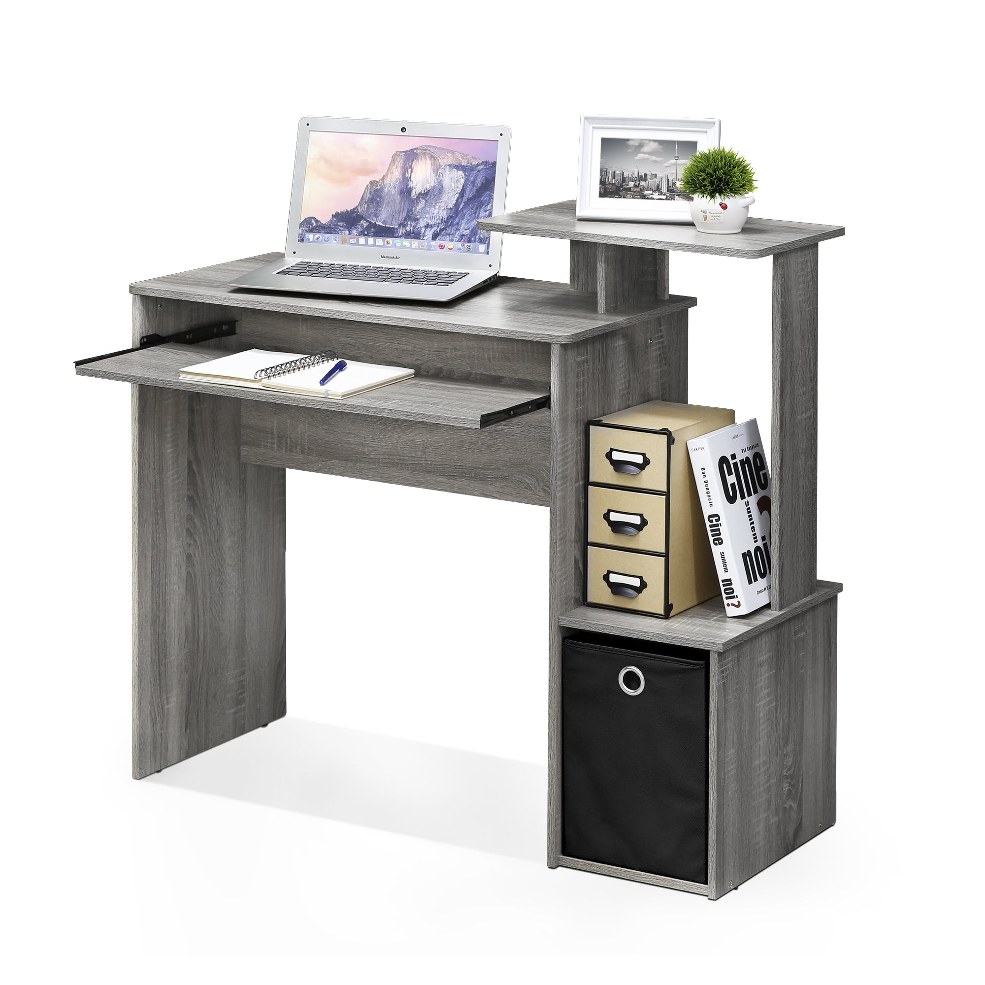 Furinno Econ Multipurpose Home Office Computer Writing Desk with Bin, French Oak Grey, Keyboard Trays, CPU Storage, Drawer