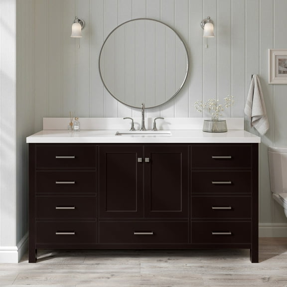 ARIEL 67" Espresso Single Bathroom Vanity with 1.5" Edge Pure White Quartz Countertop & Splash, Rectangular Sink, 2 Soft Closing Doors, 9 Full Extension Dovetail Drawers, Brushed Nickel