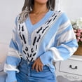 thumbnail image 3 of Suéter de mujer Mangas largas de linterna Cuello en V Bloque de color Estampado de leopardo Loose Fit Sweater, 3 of 6