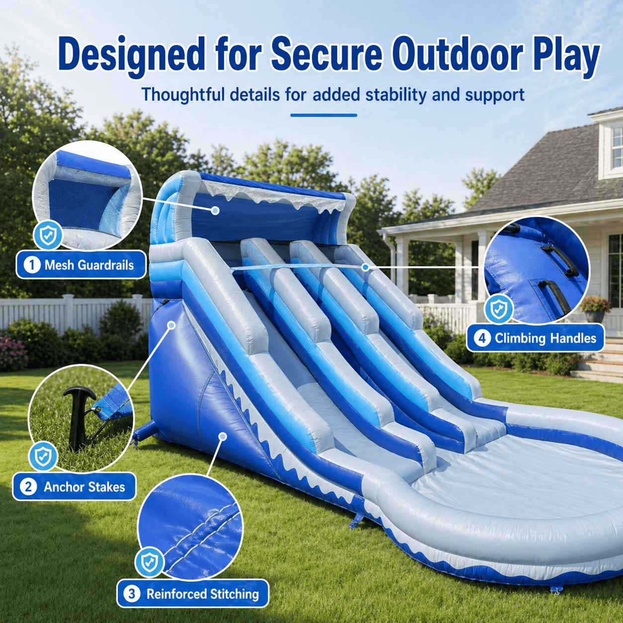 Connsann Inflatable Water Slide Blue Wave Oxford Double Lane with Splash Pool and Climbing Wall for Kids, Blue, 1-Count, 20.6 ft