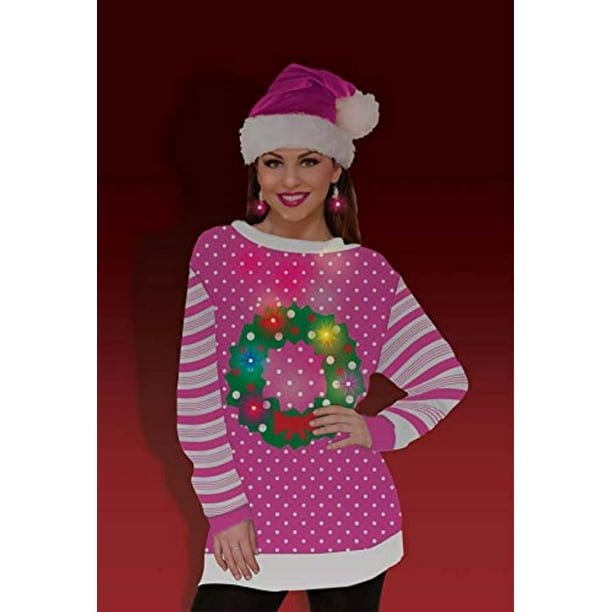 Forum Novelties Womens Pink Christmas Wreath Light Up Ugly Holiday Sweater  