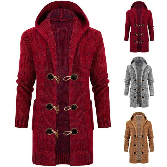 Miluxas Men's Mid-Long Knitted Hooded Sweater Cardigan Trenchcoats Jacket Casual Fashion Outerwear for Winter Wine