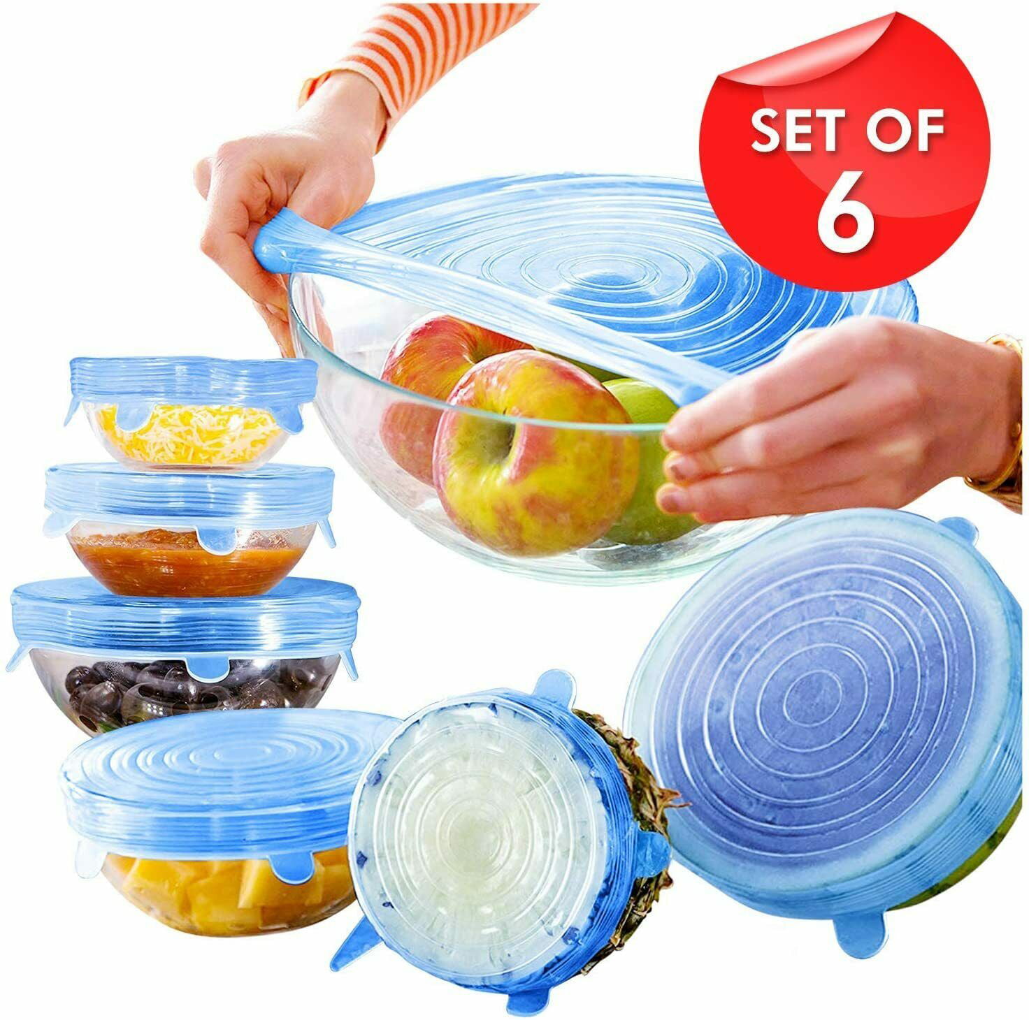 6Pcs Set Stretch Silicone Food Bowl Cover Safe Storage Wraps Seals Reusable Lids 