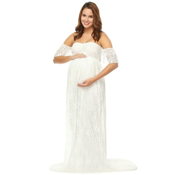 JustVH Women Maternity Off Shoulder Ruffle Sleeve Lace Wedding Gown Maxi Photography Dress