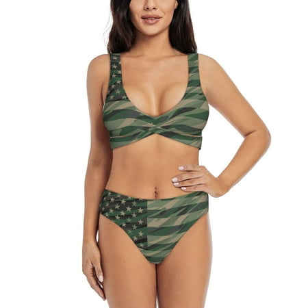 Zeuib Jungle Green Camo USA Flag High Waisted Tummy Control Bikini Set - Knot Front Push Up Top & Cheeky Thong Bottom  Two-Piece Swimsuit for Women-Large
