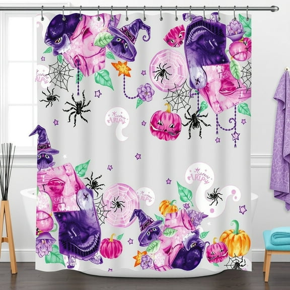 Shower Curtain - Purple & Pink Cats with Pumpkins, Cobwebs & Stars - Fun Bathroom Decor