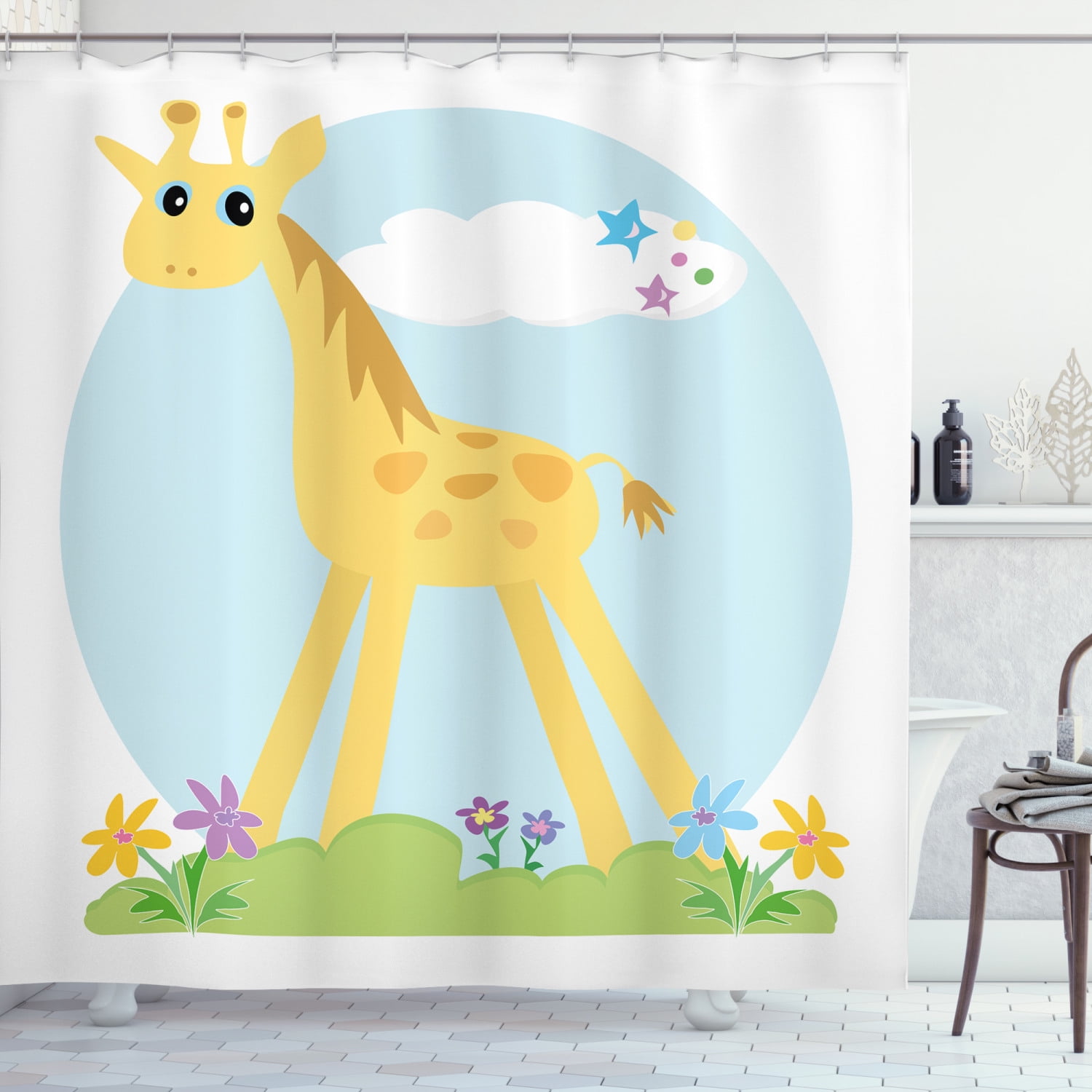 Giraffe Shower Curtain, Nursery Theme Baby Long Legged Animal Flowers