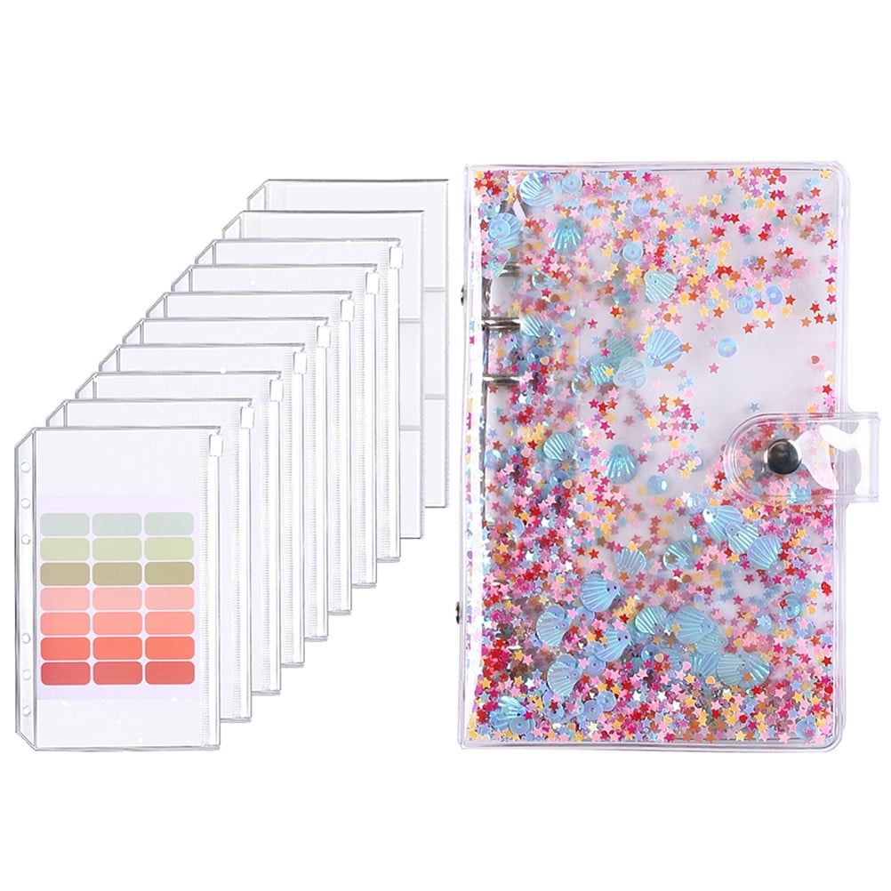 A6 Budget Envelope Binder Budget Planner Binder with Clear Sequin Cover 8 Zipper Pockets Card Pouch Double Pocket and Labels