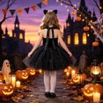 thumbnail image 6 of YLYL Kids Girls Halloween Costume Cute Kitty Pumpkin Print Halter Tutu Dress Set with Bow Tie Ears Tail, 6 of 9