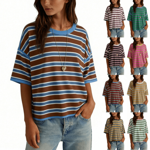 QUINDOS Summer T-Shirt for Women Plus Size Short Sleeve Tops for Women Crew Neck Beach Striped Tops