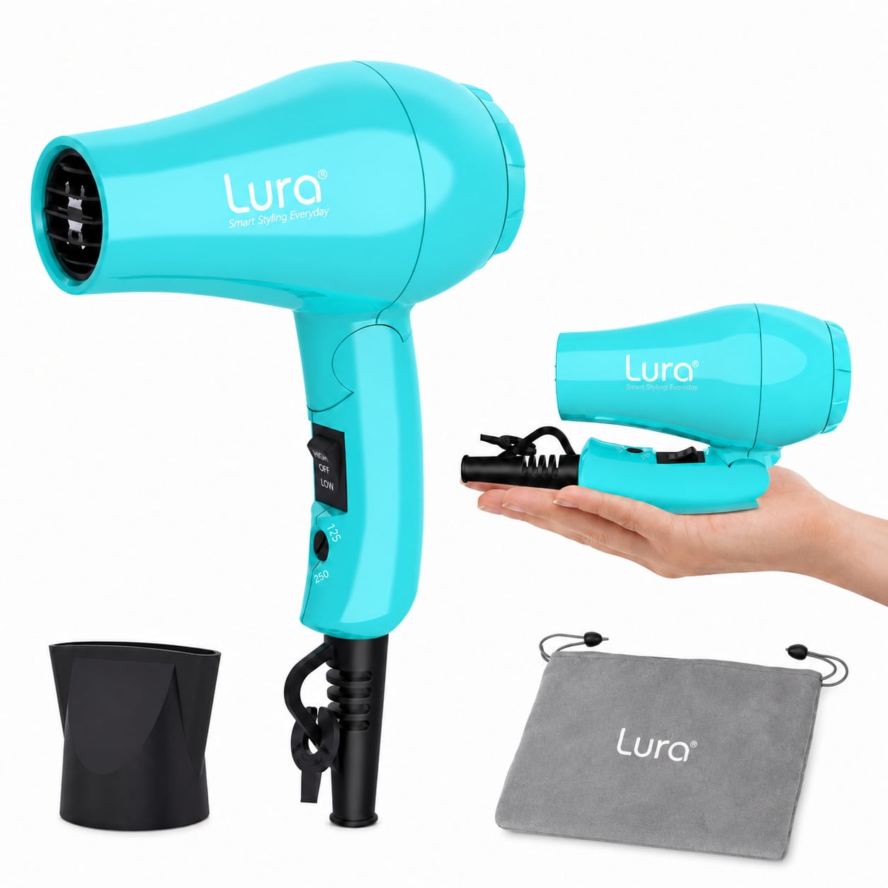 Lura Travel Hair Dryer Dual Voltage Mini Folding Handle Hair Blow Dryer with Concentrator,Blue