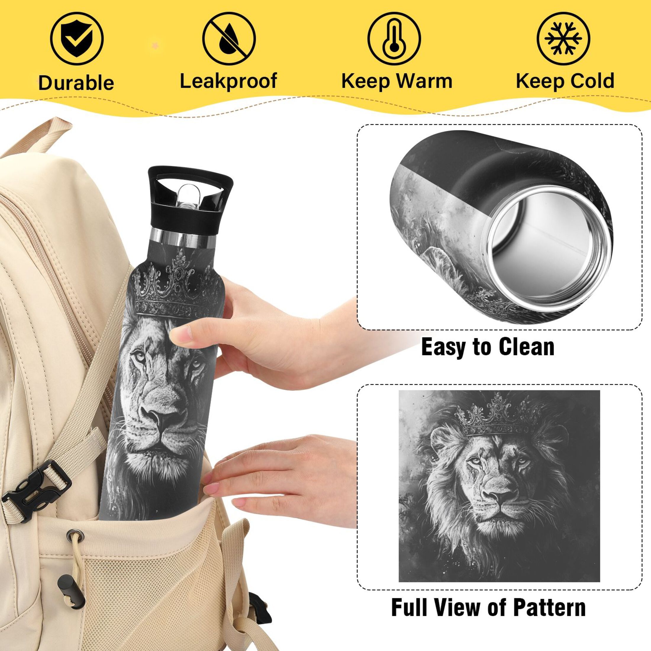 600ML Stainless Steel Insulated Cup Sports Water Bottle Portable Thermos Cup Water Glasses Insulated Tumblers Convenient and Durable Gray Crown Lion