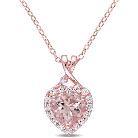 Tangelo 1-2/5 Carat T.G.W. Morganite and Created White Sapphire with Diamond-Accent Rose Rhodium-Plated Sterling Silver Heart Pendant, 18