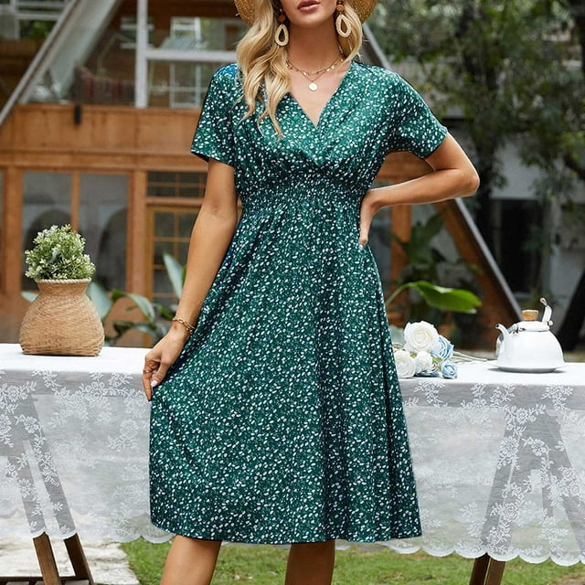 zanvin Robe pour Femmes, Robe d'Été Décontractée à Manches Courtes Col en V à Fleurs Robe Slim, Bleu, m