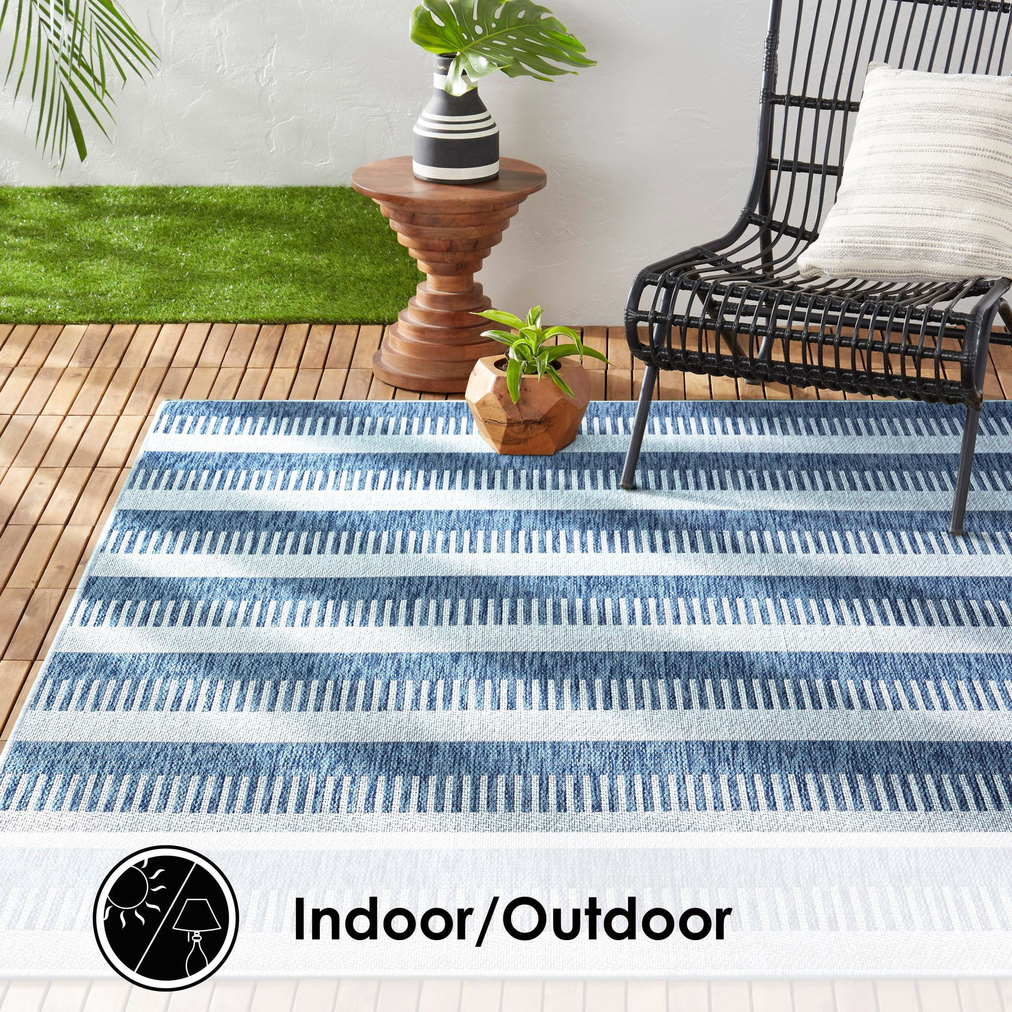 Nicole Miller New York Patio Country Charlotte Modern Striped Indoor/Outdoor Area Rug, Aqua/Ivory , 5'2"x7'2"