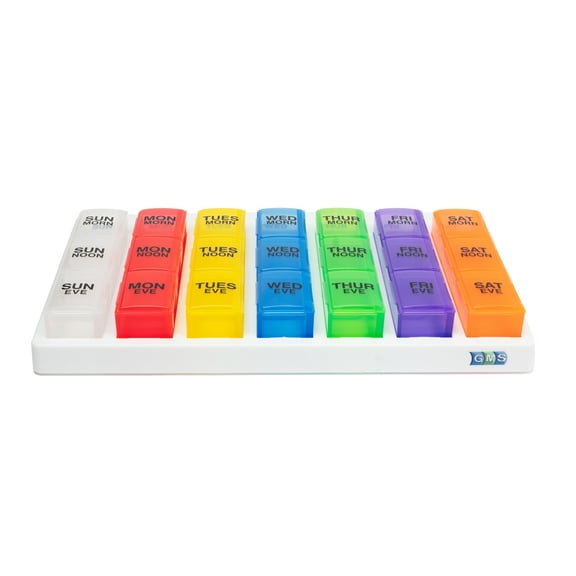 GMS 3 Times a Day Weekly Pill Reminder, Includes 7 Day Removable Pill Boxes in a White Tray (Rainbow)