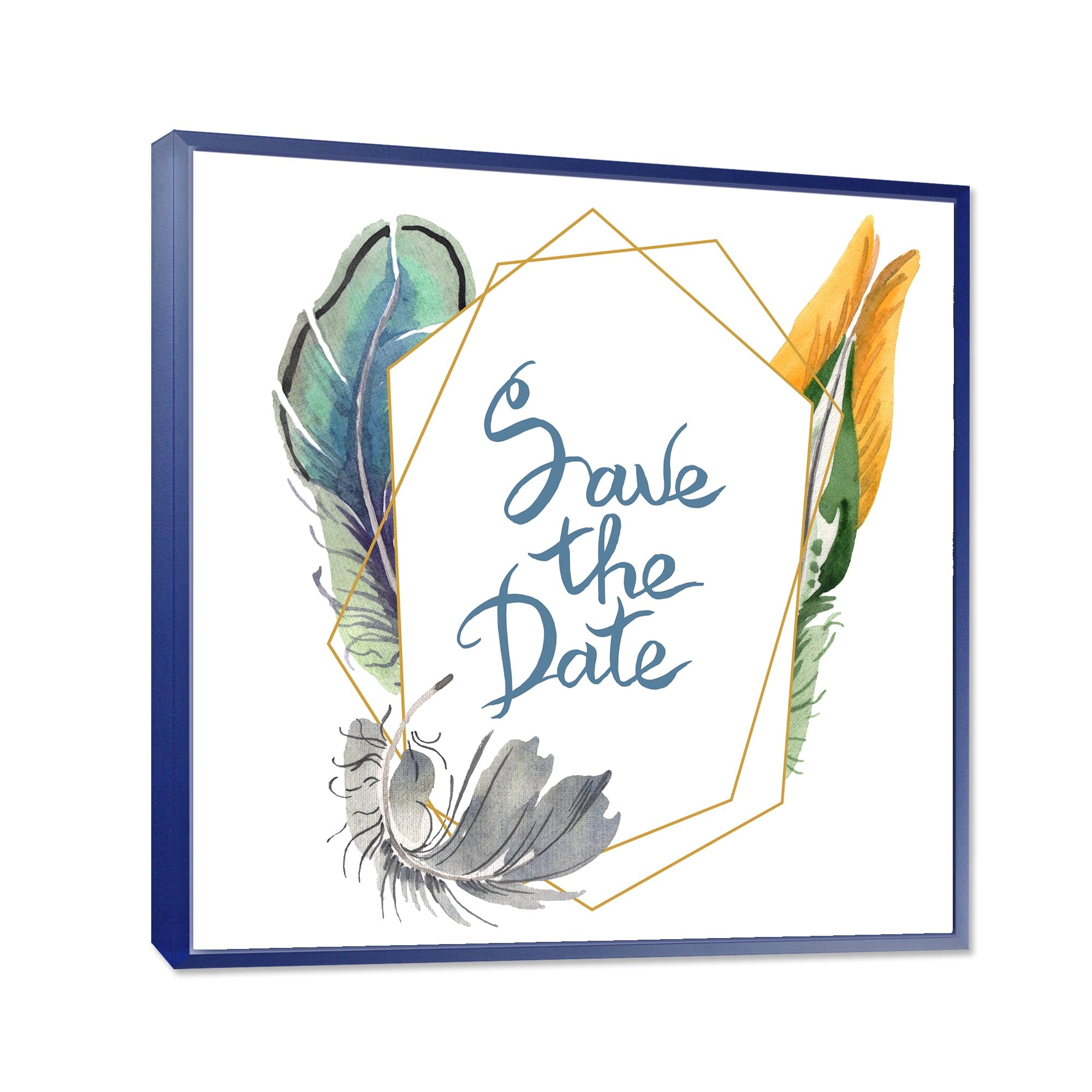 Save The Date Bird Blue Feather 16 in x 16 in Framed Painting Canvas Art Print, by Designart