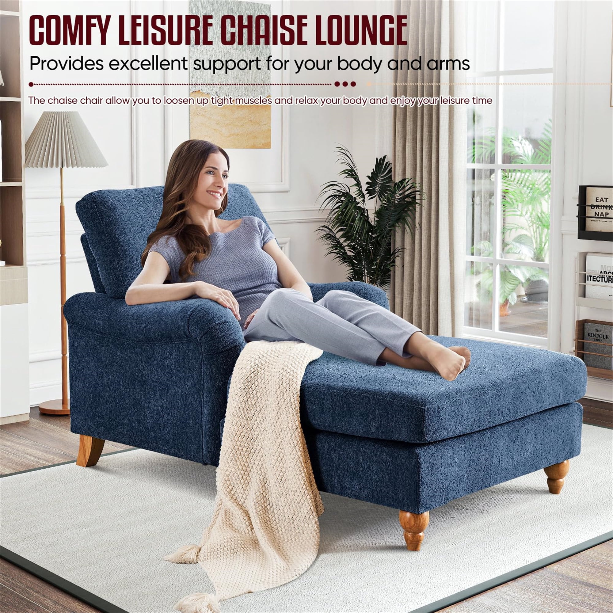 Aukfa Modern Oversized Chaise with Adjustable Backrest, Sleeper Chair Sofa Recliner for Living Room, Blue