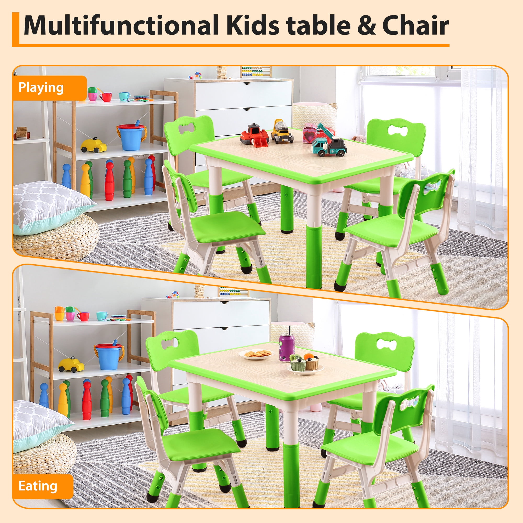 Toddler Table and Chair Set, Height Adjustable Kids Table and Chair Set of 4, Toddler Table for Reading, Drawing, Eating, for Ages Over 3, Green