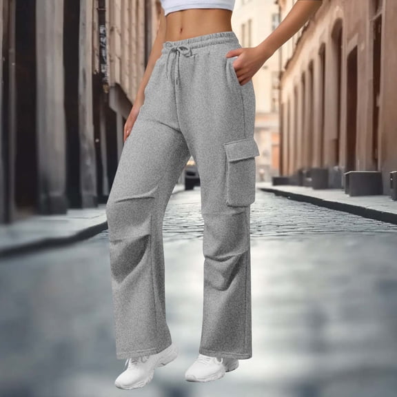 Womens Wide Leg Cargo Pants High Waisted Sweatpants Casual Baggy Joggers Athletic Drawstring Pants with Pockets for Lounge 2026 Light Gray 2XL