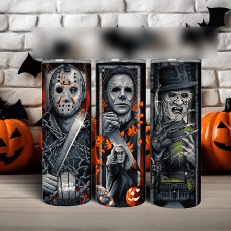 TUMBRO Horror Characters 20oz Tumbler, Stainless Steel Cup, Slasher, Scary Horror Movie, Halloween, Michael, Freddy, Jason Collage, White