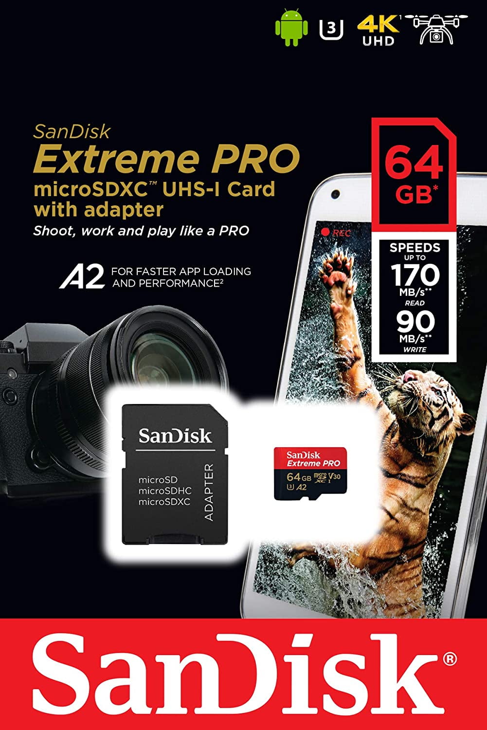 SanDisk Extreme Pro Memory Card Micro SDXC UHS-I U3 A2 V30 64GB Nintendo Switch Micro SD Card with Adapter