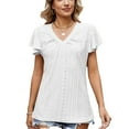 thumbnail image 2 of Blusa de manga con volantes Top plisado con cuello en V Color liso Blusa ajustada de manga corta Camisa para mujer Mujer Blanco S, 2 of 6