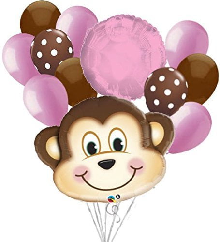 12pc Mischievous Monkey Balloon Bouquet Party Decoration Baby Girl Birthday Pink