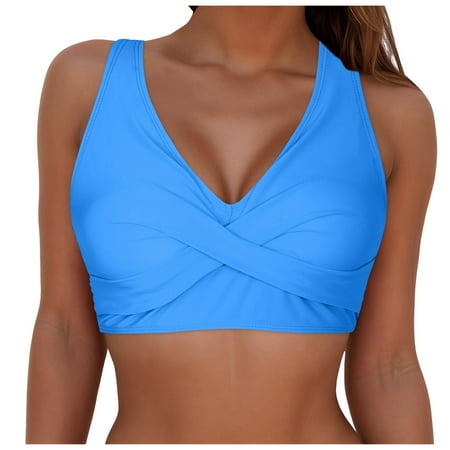 Quealent Women s Twist Front Bikini Top V Neck Push Up Padded Swimsuit Top Bathing Suits (Sky Blue XXL)